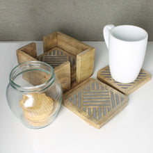 Load image into Gallery viewer, SAVON Wooden Coaster Set of 6 With Holder Square Geometric Lines Gray For Drinks Office Desk
