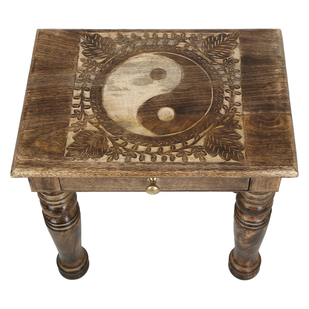 Wooden Side end Table Square yin yang Carved