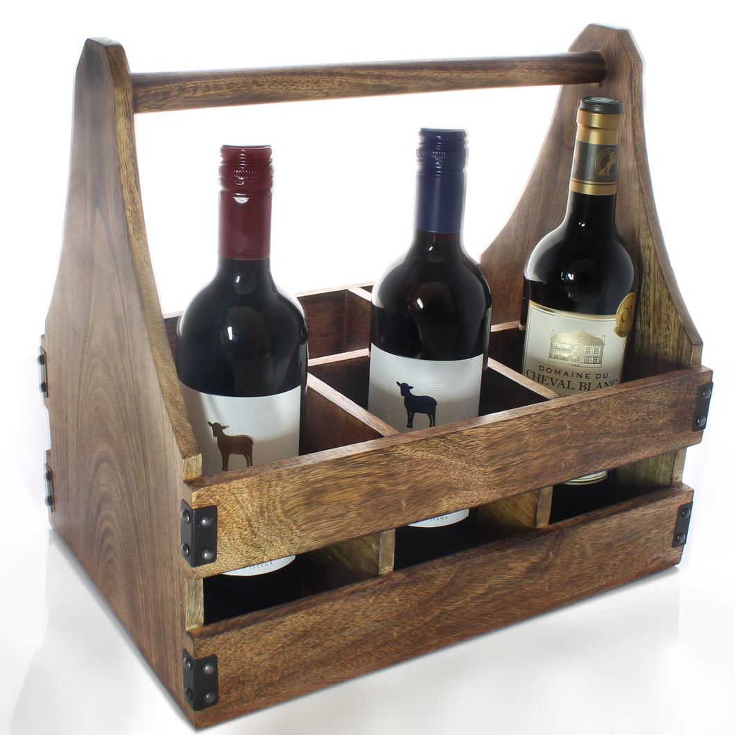 SAVON 6 Bottle Wine Rack Carrier Caddy Crate 14 inch Wood Rustic Glass savonhome