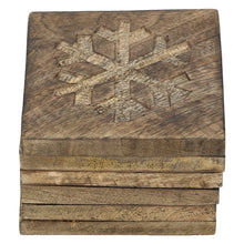 Load image into Gallery viewer, Wooden Square Coaster Snowflake set of 6 with stand rustic
