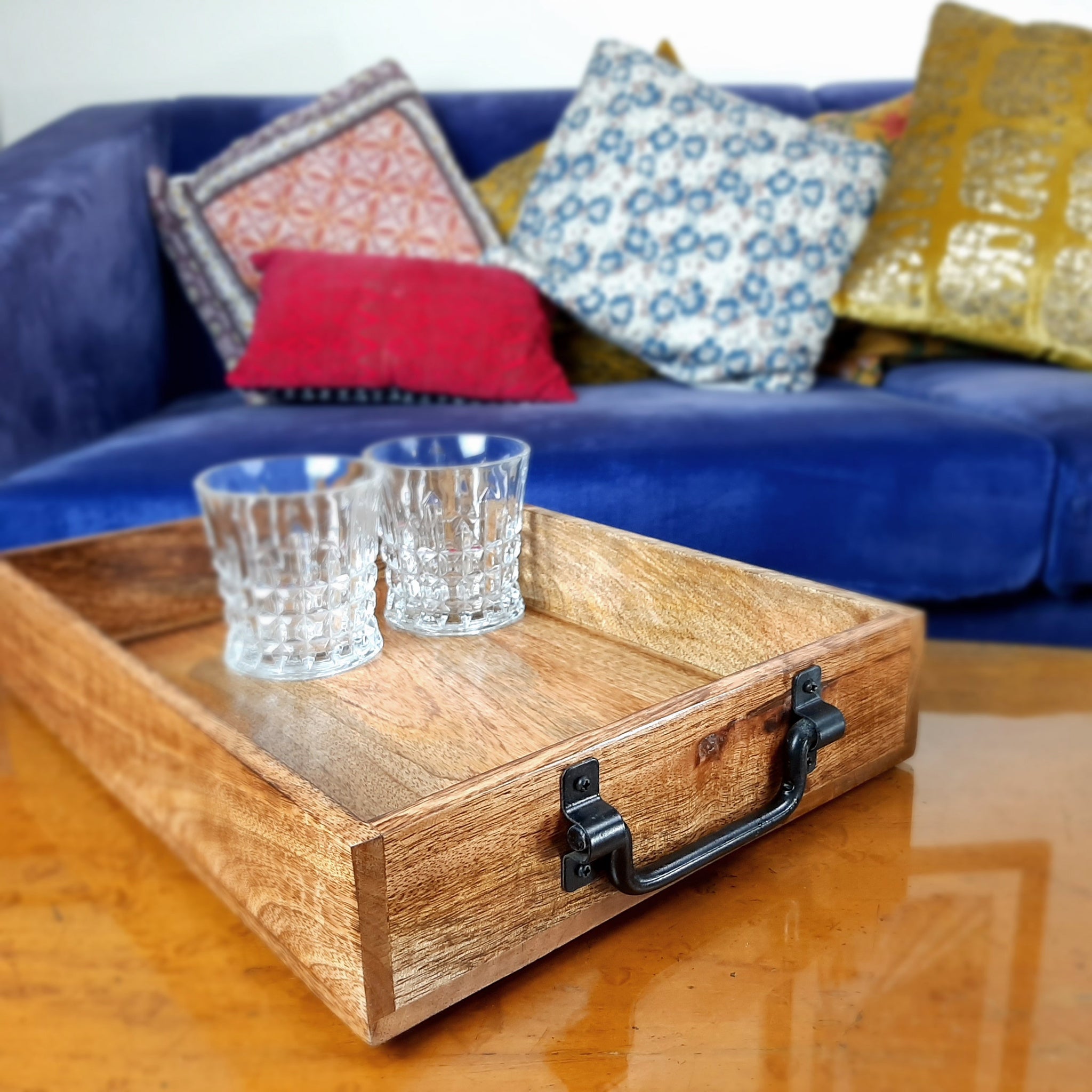 Wood Serving Tray With Black Metal Handle 15 inches Natural Torched Rustic